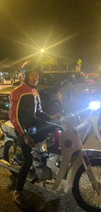 Motorcyclist riding through lively city street at night, illuminated by bright lights.