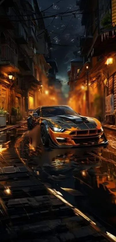 Sleek sports car racing through a dimly lit urban street, reflecting warm lights.