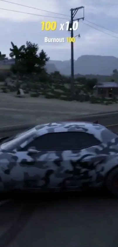 Camouflaged car drifting on a street at night.