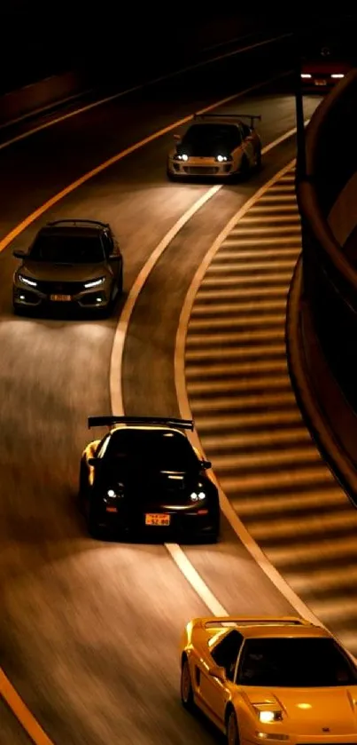 Four sleek sports cars racing at night on city streets.