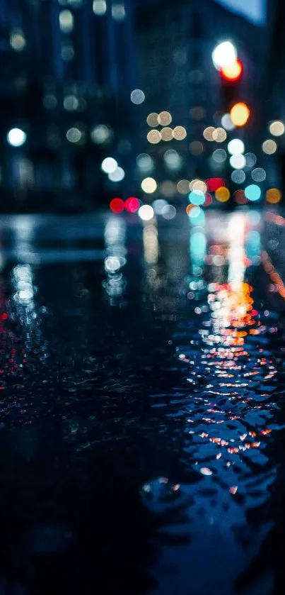 A vibrant city street with lights reflecting on wet pavement at night.