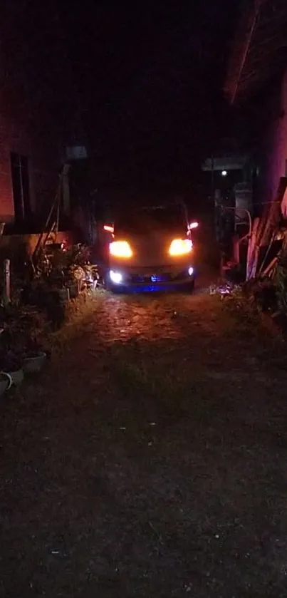 Dark alley with illuminated car headlights at night.