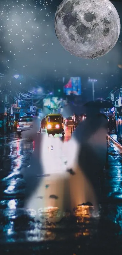 Night street with full moon and city lights reflection.