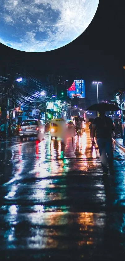 Night city street with giant moon overhead and wet reflections.