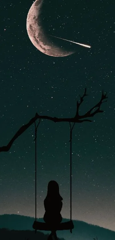 Silhouette on a swing beneath a crescent moon in a starry night sky.