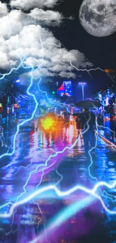 Vibrant cityscape with lightning under a cloudy moonlit sky.