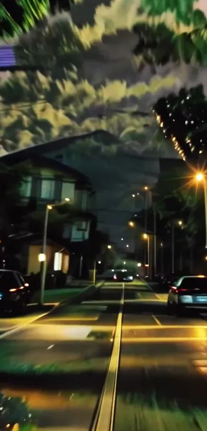 Vibrant urban street at night with glowing lights and a cloudy sky.