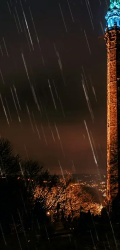 Nighttime tower with rain and city lights.