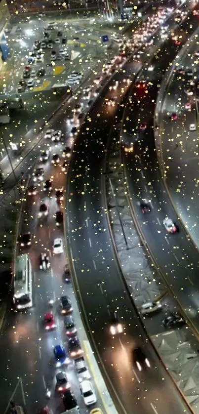 A vibrant nighttime city highway with glittering lights.