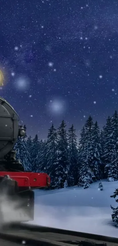 Night train travels through snowy forest under a starry sky.