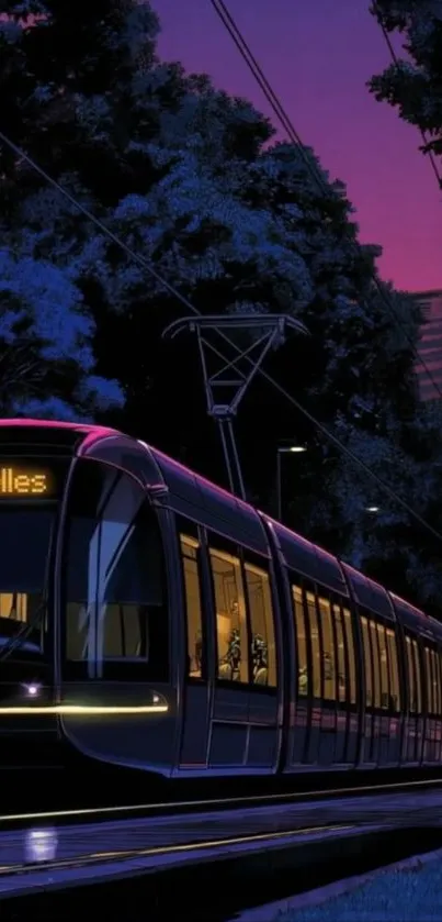 Night scene of a tram in a cityscape with purple sky.