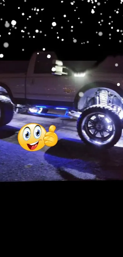 Truck illuminated at night with sparkles and emoji on a dark background.