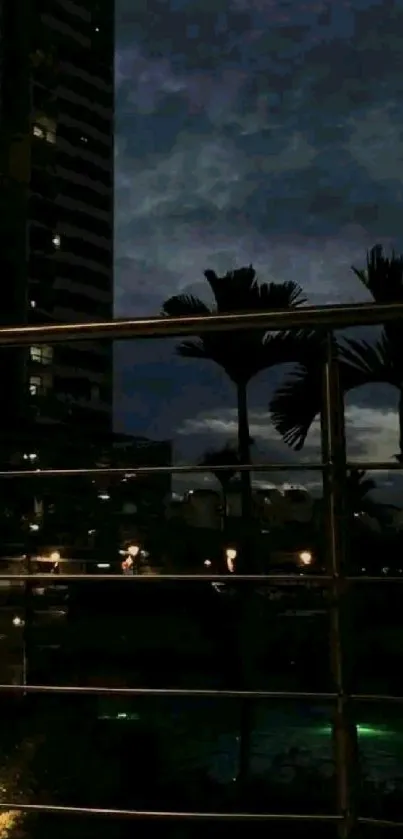 A dark city skyline with palm silhouettes at night.