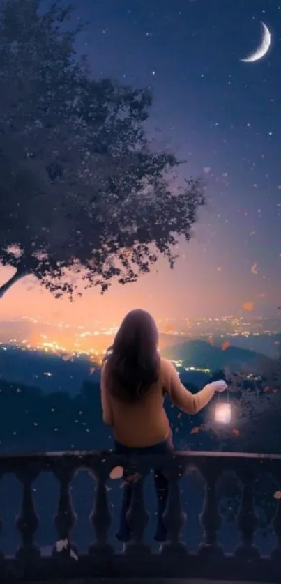 Girl standing on balcony with lantern under starry night sky.