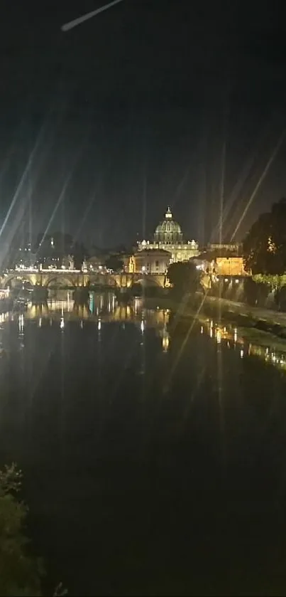 Nighttime cityscape with glowing lights reflecting on calm water.