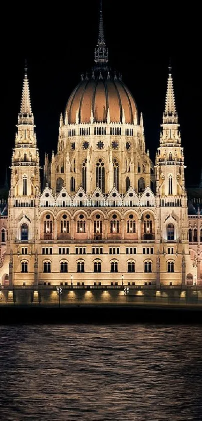 Night view of an illuminated Parliament building with reflection on water.