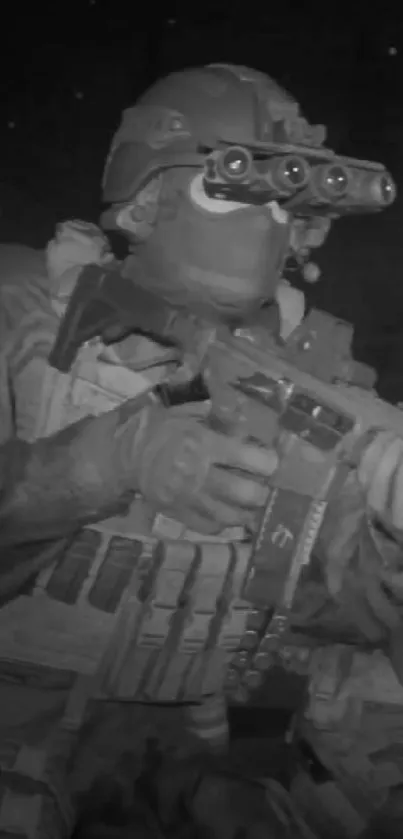 Night vision tactical scene with soldiers in action, dark green ambiance.