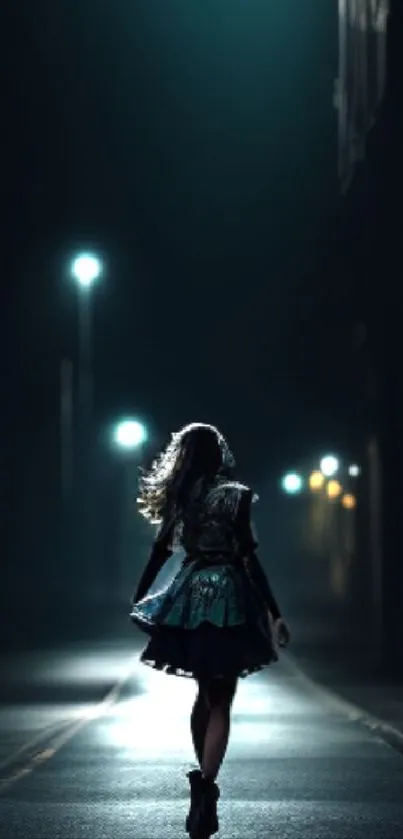 A lone figure walks down a dimly lit urban street at night.