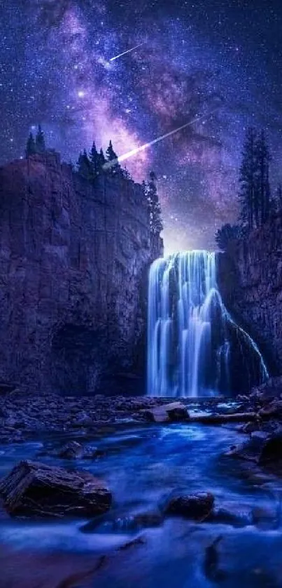 Waterfall under a starry night sky with galaxy view.