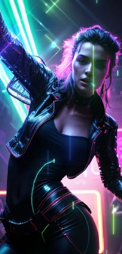 Futuristic nightclub scene with neon lights and dancing figure.