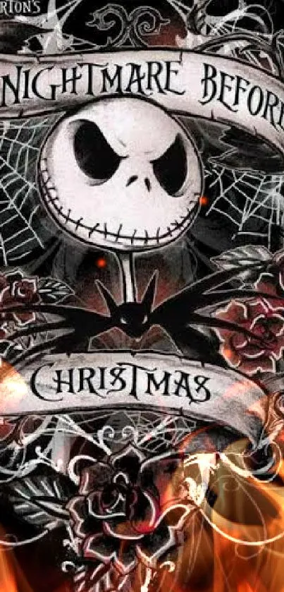 Nightmare Before Christmas wallpaper featuring Jack Skellington with roses and flames.