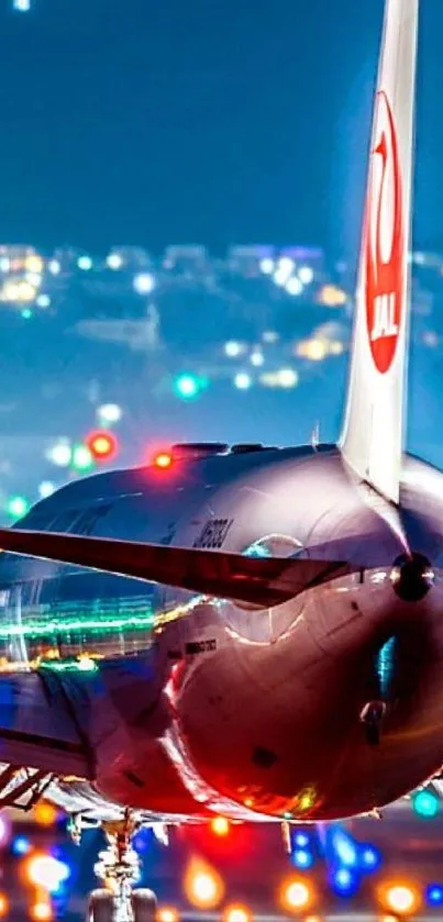 Airplane on runway at night with city in background.