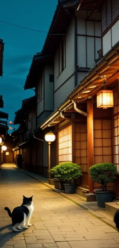 Japanese alley at night with cats and lanterns.