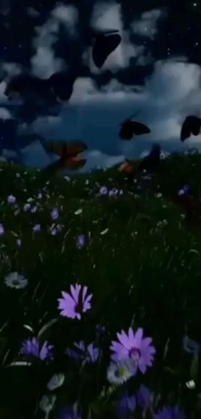 Butterflies fluttering over purple flowers at night.