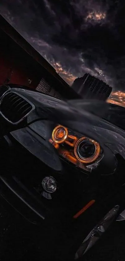 Black luxury car under a dramatic night sky with orange glowing headlights.