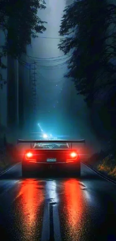 A car driving on a dark, wet road through a forest at night with blue lighting.