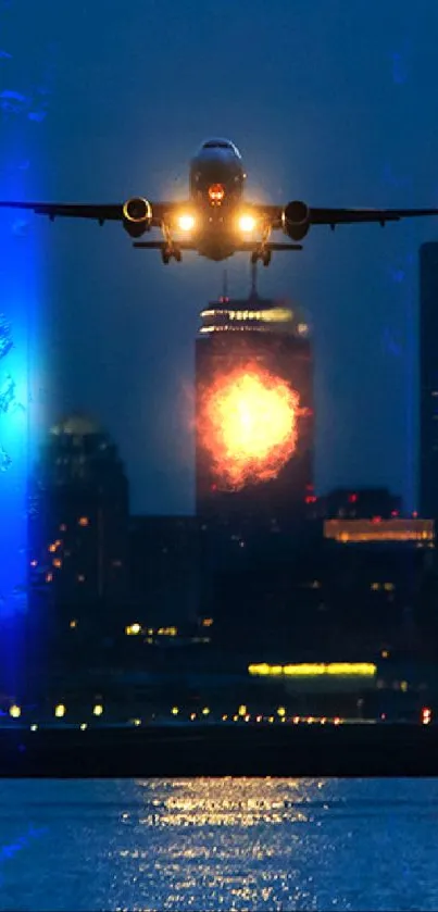 Airplane landing with city skyline at night, illuminating the scene.