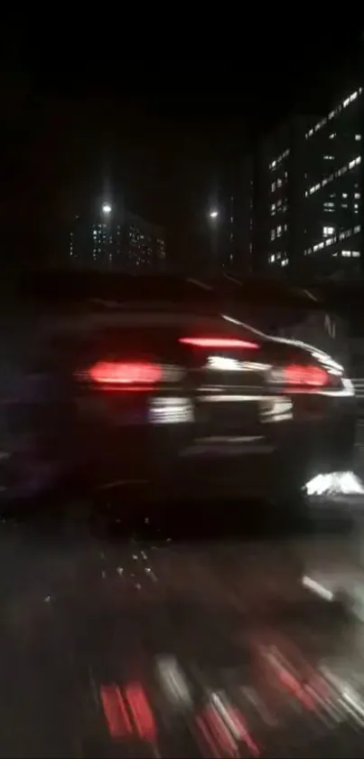 Blurred car racing in a dark city at night.