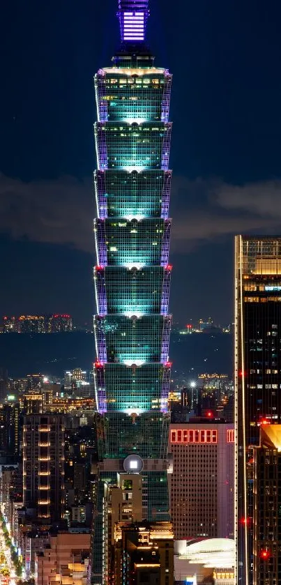 A vibrant night view of Taipei 101 in a bustling cityscape.