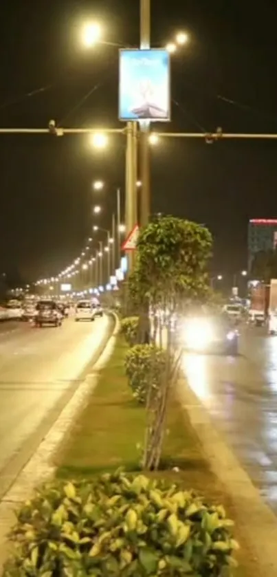 A vibrant city street at night with glowing lights and traffic motion.