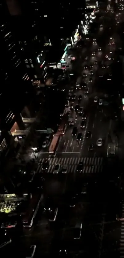 A bustling city street at night with glowing lights and traffic.