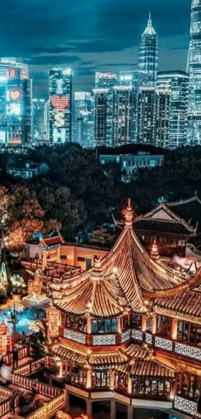 Stunning nighttime cityscape with vibrant lights and historic architecture.