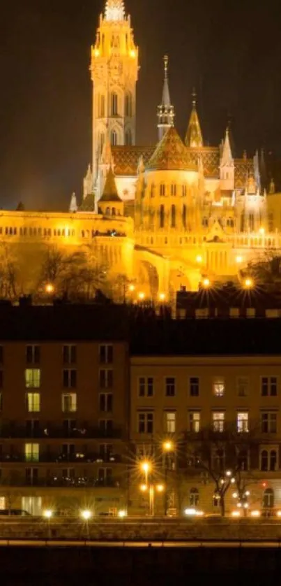 Nighttime cityscape with illuminated architecture and river reflection.