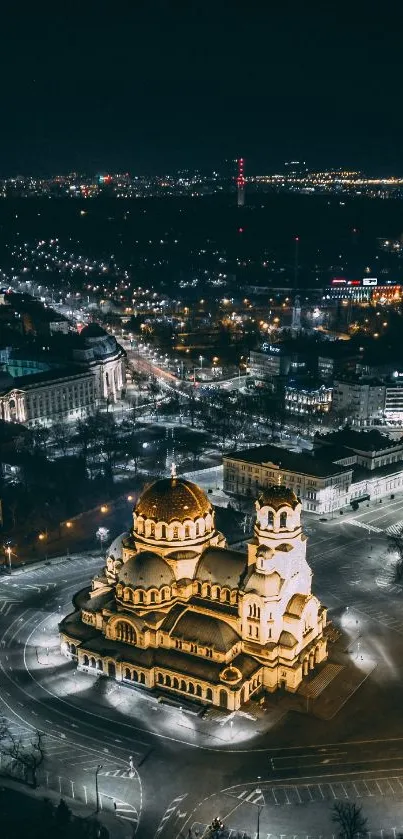 Aerial night view of glowing cathedral in city.