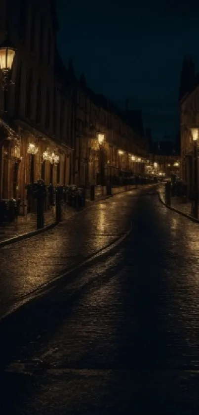 Dimly lit cobblestone street with vintage lamps at night.