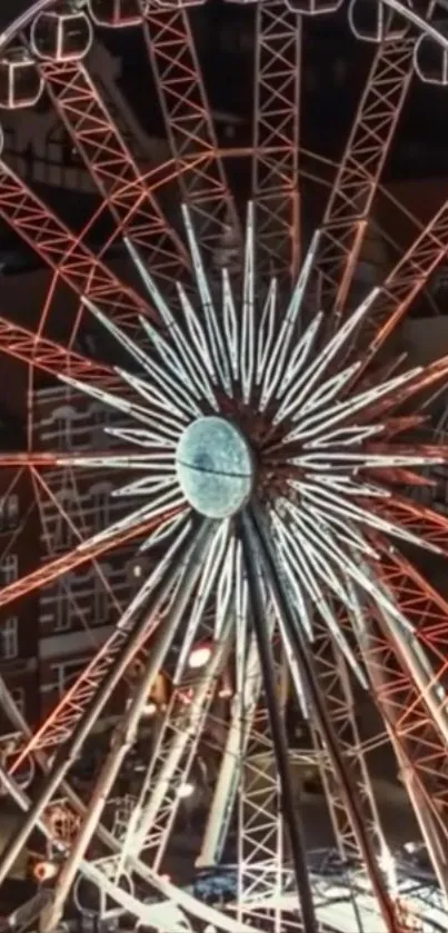 Illuminated Ferris wheel glowing at night.