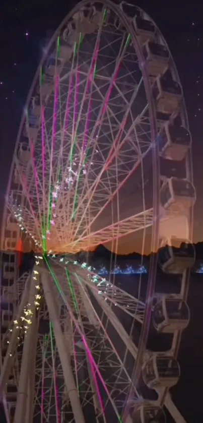 Illuminated Ferris wheel under a starry night sky, vibrant with colors.