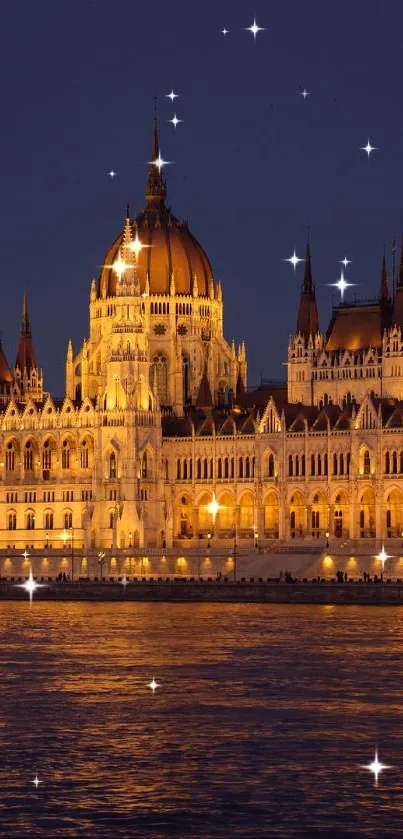 Illuminated Hungarian Parliament at night with reflections on the Danube.