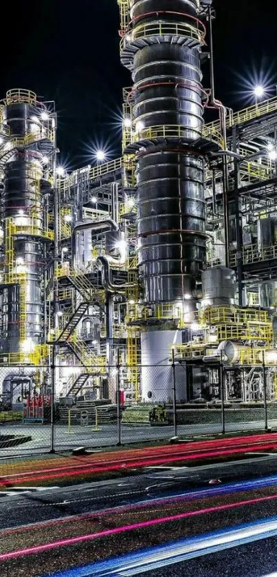 Illuminated industrial structures at night with vibrant light trails.