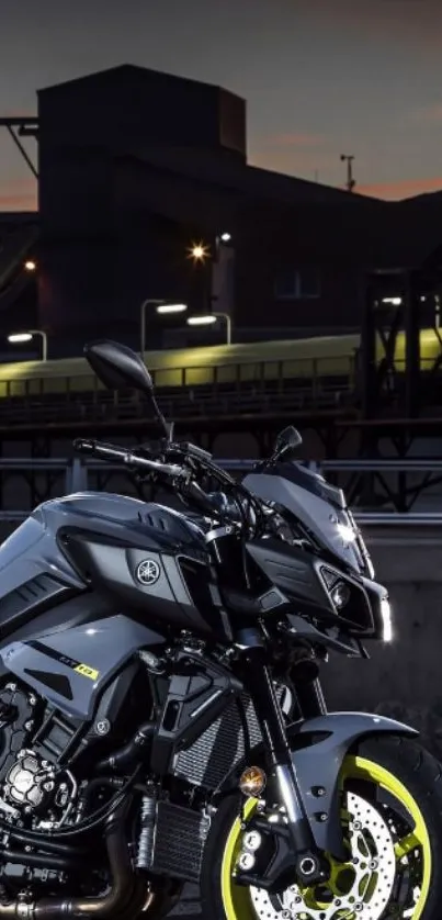 Motorcycle in a nighttime urban setting with neon yellow accents.