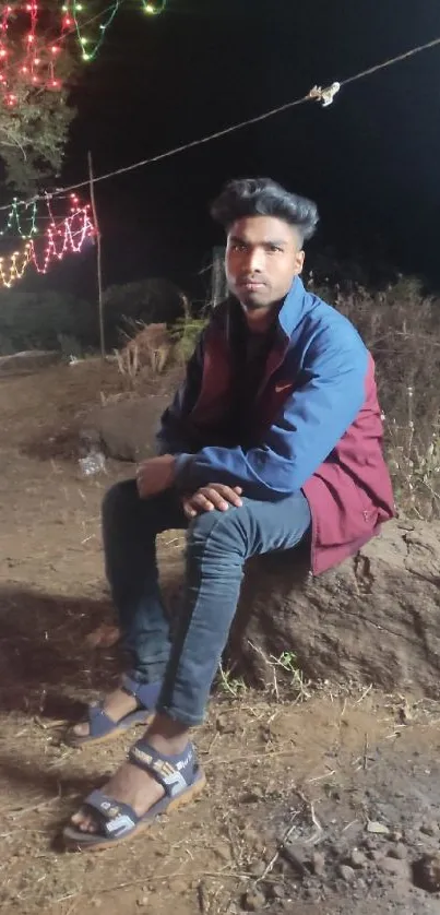 Nighttime portrait with vibrant lights and a serene natural backdrop.