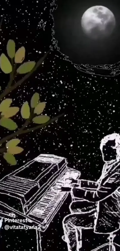 Silhouette playing piano under a starry sky with a full moon.