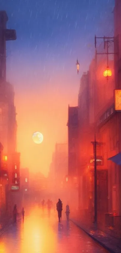 Moody rainy city street with warm orange lights.