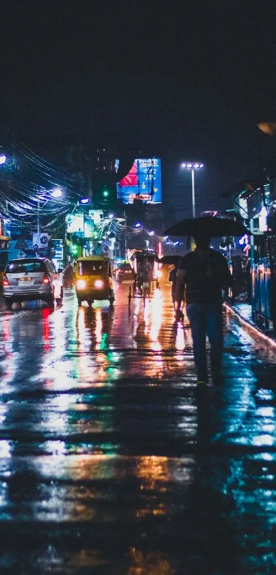 Nighttime rainy street with city lights reflecting in water.