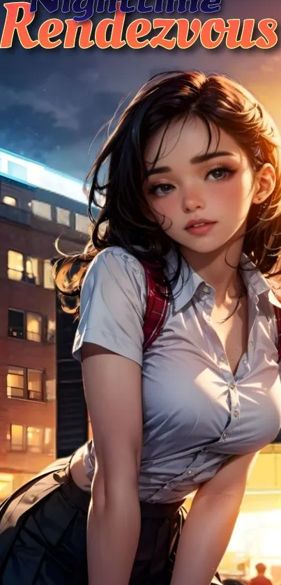 Anime girl in nighttime urban setting, vibrant city lights.