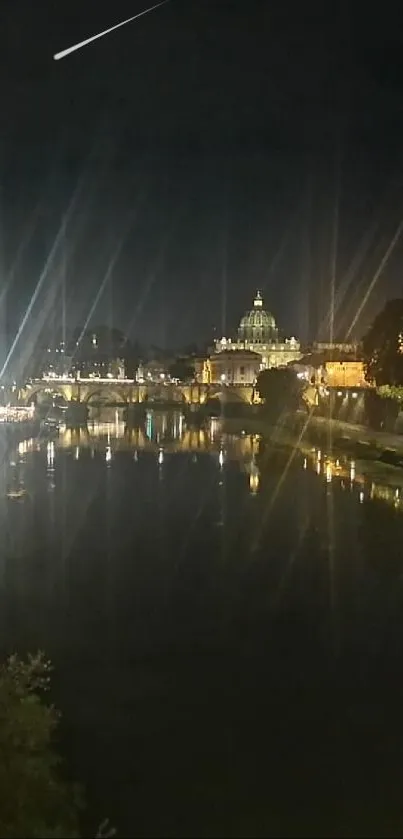 Nighttime city river with glowing reflections.